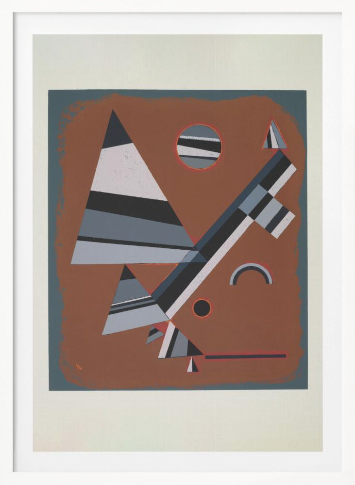 An abstract geometric artwork featuring a collection of triangles, circles, and lines in shades of grey, black, and white, set against a reddish-brown background. The piece is framed in black with a white mat. Wall Art