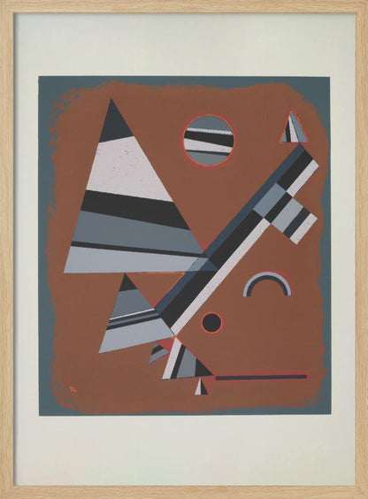 An abstract geometric artwork featuring a collection of triangles, circles, and lines in shades of grey, black, and white, set against a reddish-brown background. The piece is framed in black with a white mat. Wall Art