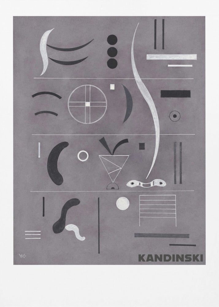 An abstract art print by Wassily Kandinsky, featuring a collection of geometric and organic shapes in black, white, and silver arranged in horizontal rows against a textured gray background, all within a black frame. Artwork