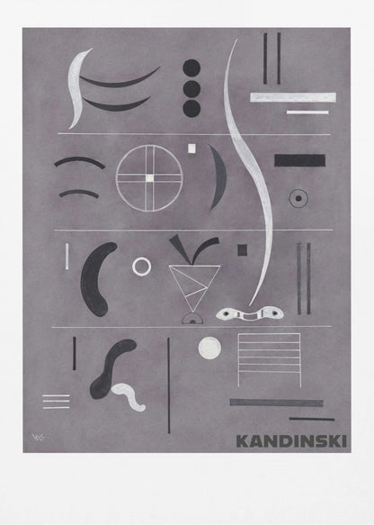 An abstract art print by Wassily Kandinsky, featuring a collection of geometric and organic shapes in black, white, and silver arranged in horizontal rows against a textured gray background, all within a black frame. Artwork