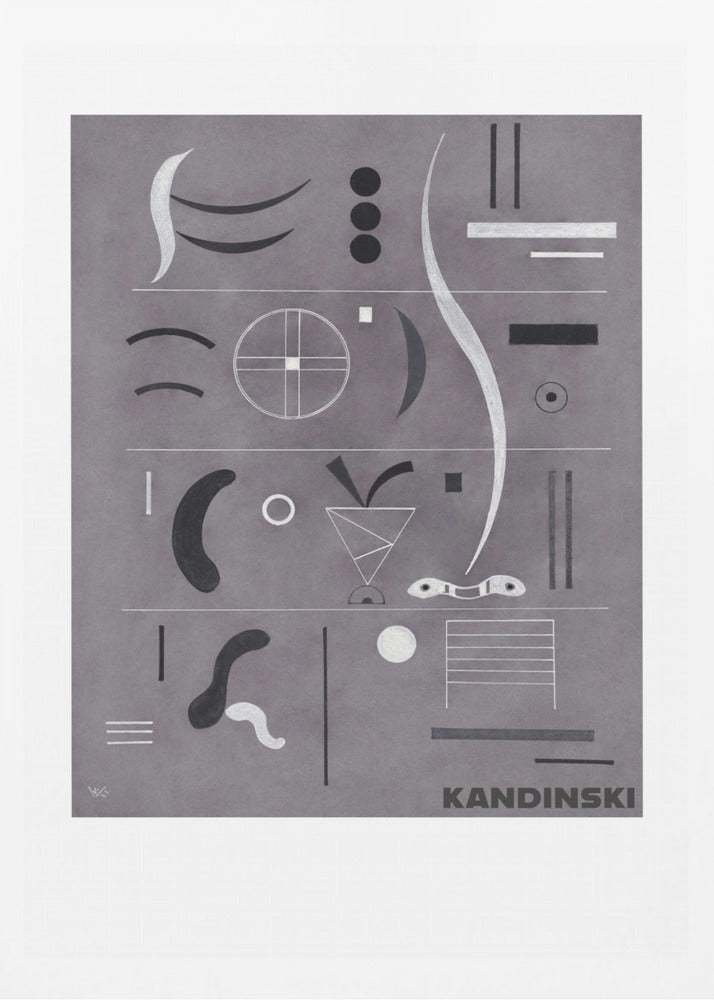 An abstract art print by Wassily Kandinsky, featuring a collection of geometric and organic shapes in black, white, and silver arranged in horizontal rows against a textured gray background, all within a black frame. Artwork