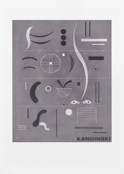 An abstract art print by Wassily Kandinsky, featuring a collection of geometric and organic shapes in black, white, and silver arranged in horizontal rows against a textured gray background, all within a black frame. Artwork