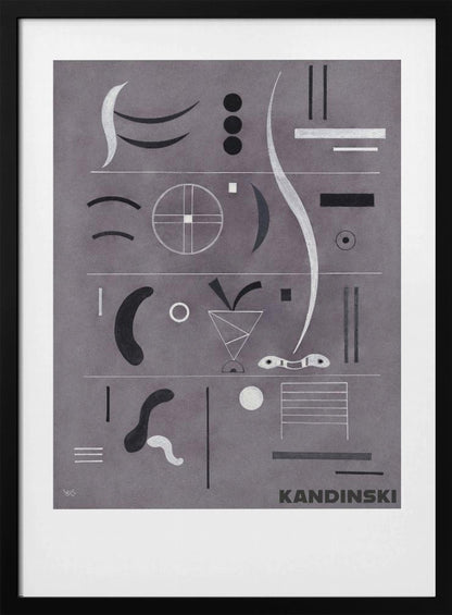 An abstract art print by Wassily Kandinsky, featuring a collection of geometric and organic shapes in black, white, and silver arranged in horizontal rows against a textured gray background, all within a black frame. Artwork