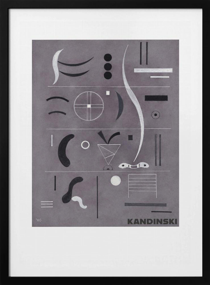 An abstract art print by Wassily Kandinsky, featuring a collection of geometric and organic shapes in black, white, and silver arranged in horizontal rows against a textured gray background, all within a black frame. Artwork