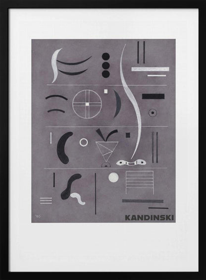 An abstract art print by Wassily Kandinsky, featuring a collection of geometric and organic shapes in black, white, and silver arranged in horizontal rows against a textured gray background, all within a black frame. Artwork