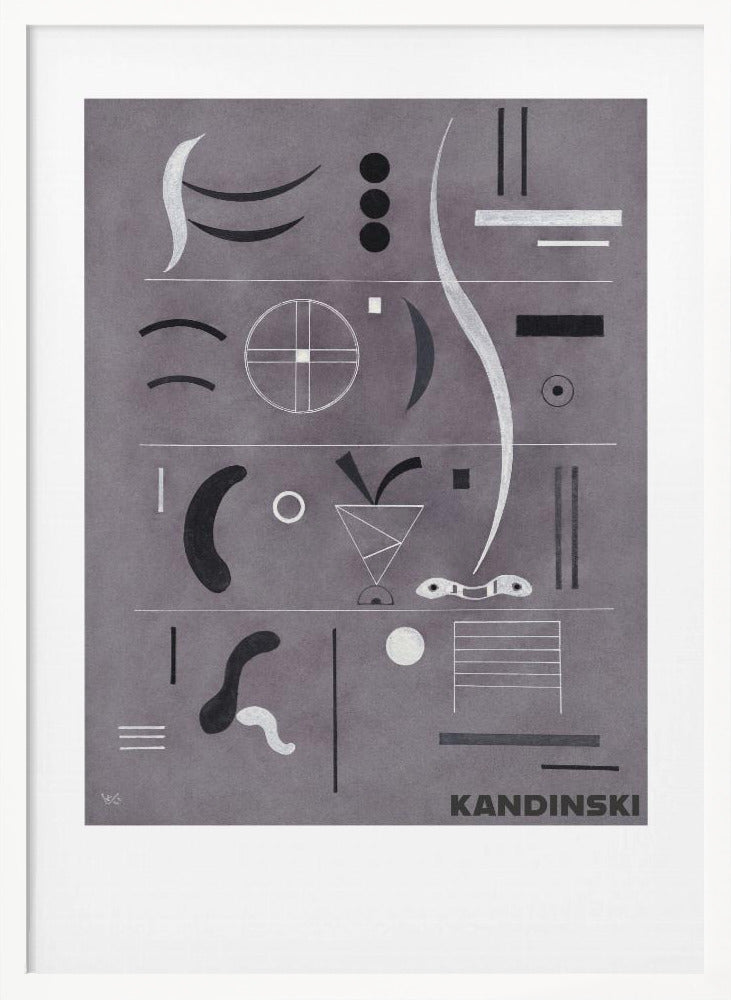 An abstract art print by Wassily Kandinsky, featuring a collection of geometric and organic shapes in black, white, and silver arranged in horizontal rows against a textured gray background, all within a black frame. Artwork