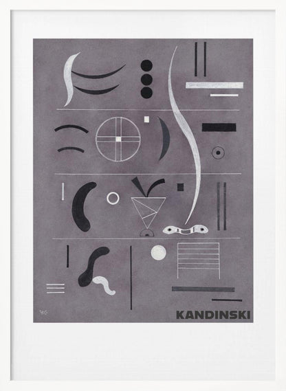 An abstract art print by Wassily Kandinsky, featuring a collection of geometric and organic shapes in black, white, and silver arranged in horizontal rows against a textured gray background, all within a black frame. Artwork