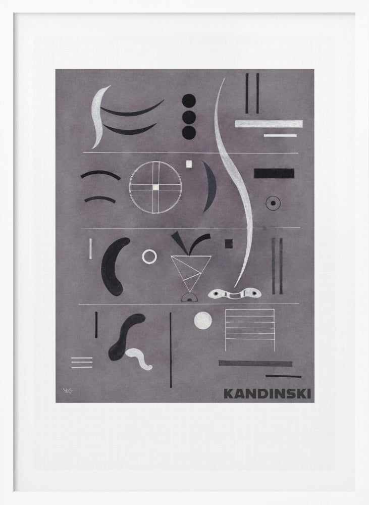 An abstract art print by Wassily Kandinsky, featuring a collection of geometric and organic shapes in black, white, and silver arranged in horizontal rows against a textured gray background, all within a black frame. Artwork