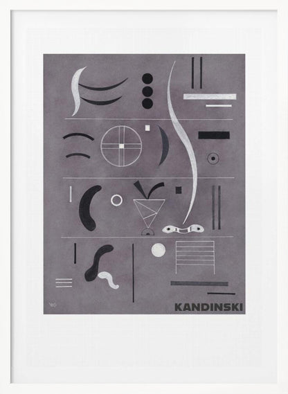 An abstract art print by Wassily Kandinsky, featuring a collection of geometric and organic shapes in black, white, and silver arranged in horizontal rows against a textured gray background, all within a black frame. Artwork
