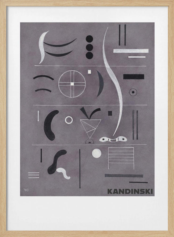 An abstract art print by Wassily Kandinsky, featuring a collection of geometric and organic shapes in black, white, and silver arranged in horizontal rows against a textured gray background, all within a black frame. Artwork