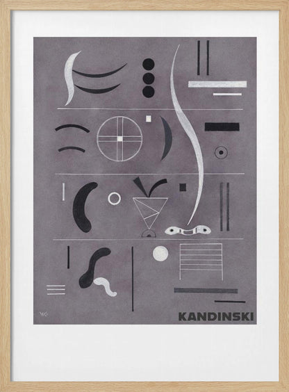 An abstract art print by Wassily Kandinsky, featuring a collection of geometric and organic shapes in black, white, and silver arranged in horizontal rows against a textured gray background, all within a black frame. Artwork