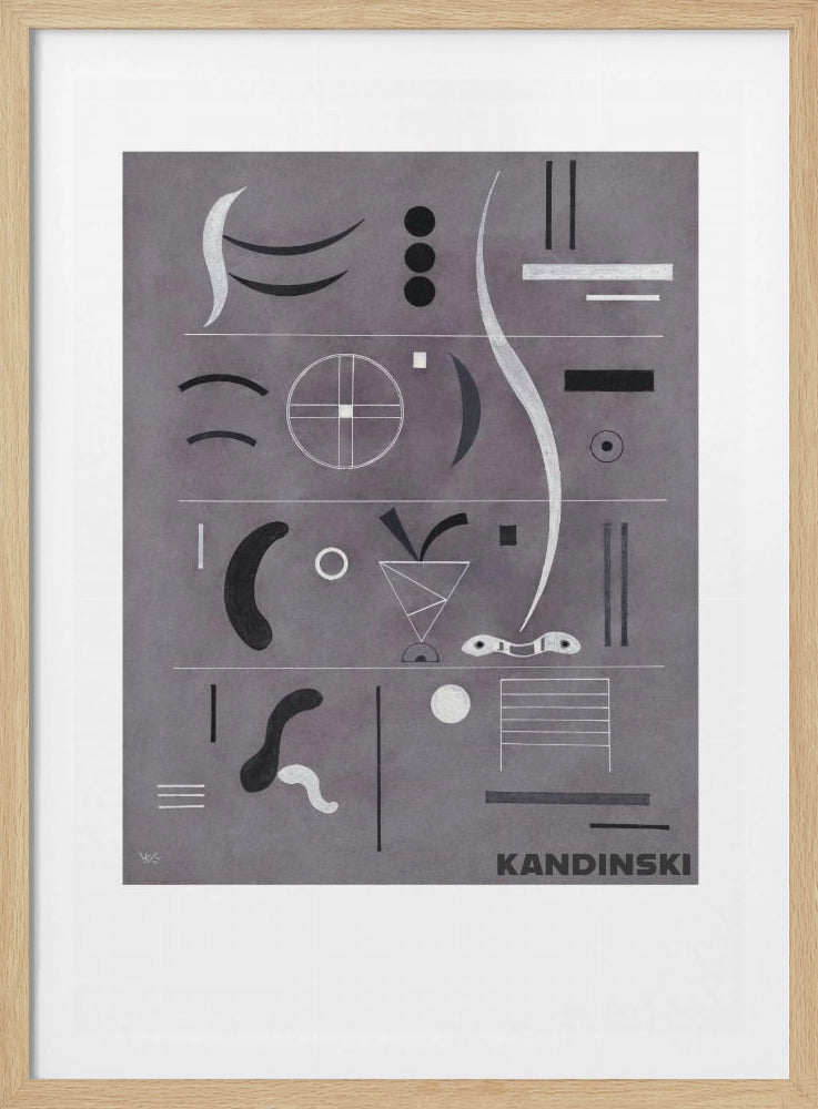An abstract art print by Wassily Kandinsky, featuring a collection of geometric and organic shapes in black, white, and silver arranged in horizontal rows against a textured gray background, all within a black frame. Artwork