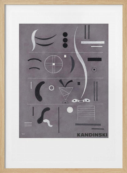 An abstract art print by Wassily Kandinsky, featuring a collection of geometric and organic shapes in black, white, and silver arranged in horizontal rows against a textured gray background, all within a black frame. Artwork