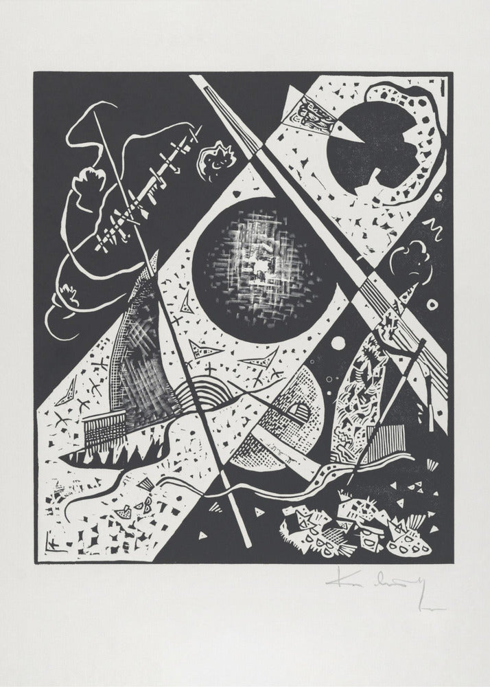 A framed black and white abstract woodcut print by Wassily Kandinsky. The dynamic composition features a mix of geometric shapes like circles and triangles, intersected by strong diagonal lines. Various textures and patterns fill the space, creating a sense of depth and movement. The artist's signature is visible in pencil on the white mat in the bottom right corner. Print