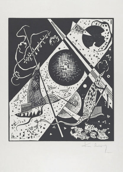 A framed black and white abstract woodcut print by Wassily Kandinsky. The dynamic composition features a mix of geometric shapes like circles and triangles, intersected by strong diagonal lines. Various textures and patterns fill the space, creating a sense of depth and movement. The artist's signature is visible in pencil on the white mat in the bottom right corner. Print