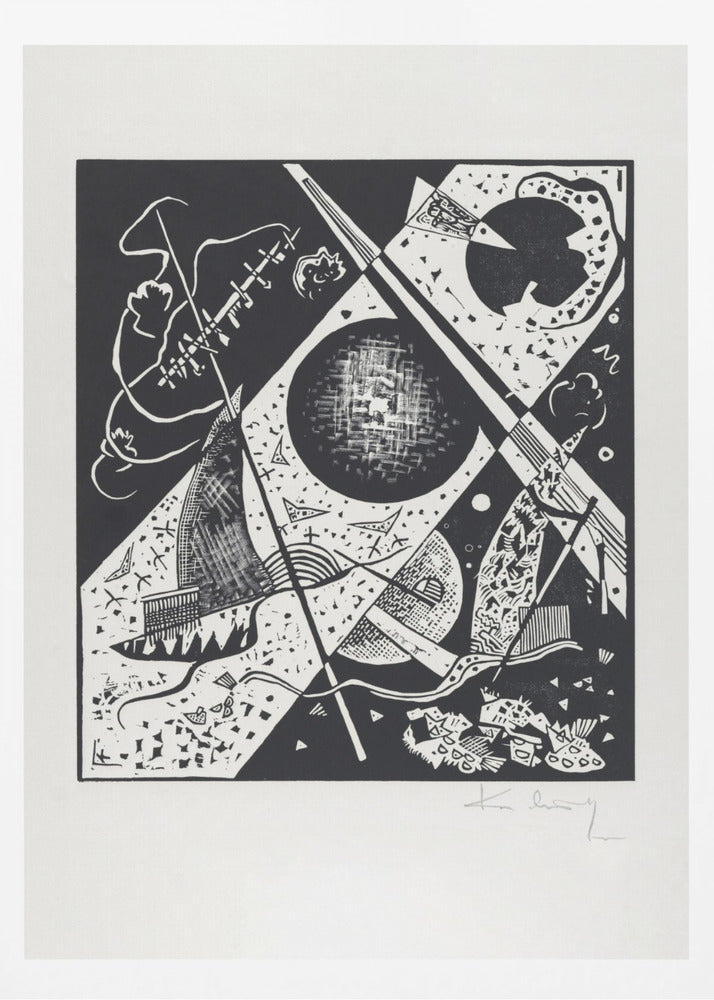 A framed black and white abstract woodcut print by Wassily Kandinsky. The dynamic composition features a mix of geometric shapes like circles and triangles, intersected by strong diagonal lines. Various textures and patterns fill the space, creating a sense of depth and movement. The artist's signature is visible in pencil on the white mat in the bottom right corner. Print