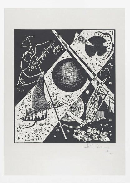 A framed black and white abstract woodcut print by Wassily Kandinsky. The dynamic composition features a mix of geometric shapes like circles and triangles, intersected by strong diagonal lines. Various textures and patterns fill the space, creating a sense of depth and movement. The artist's signature is visible in pencil on the white mat in the bottom right corner. Print