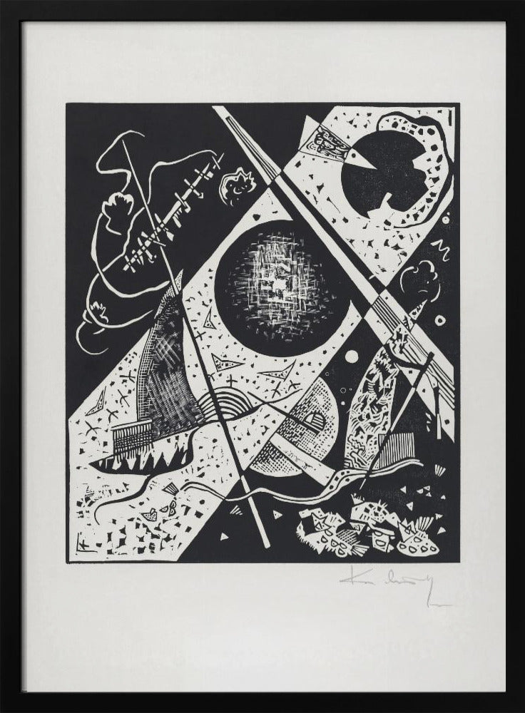 A framed black and white abstract woodcut print by Wassily Kandinsky. The dynamic composition features a mix of geometric shapes like circles and triangles, intersected by strong diagonal lines. Various textures and patterns fill the space, creating a sense of depth and movement. The artist's signature is visible in pencil on the white mat in the bottom right corner. Print