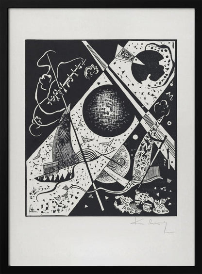 A framed black and white abstract woodcut print by Wassily Kandinsky. The dynamic composition features a mix of geometric shapes like circles and triangles, intersected by strong diagonal lines. Various textures and patterns fill the space, creating a sense of depth and movement. The artist's signature is visible in pencil on the white mat in the bottom right corner. Print