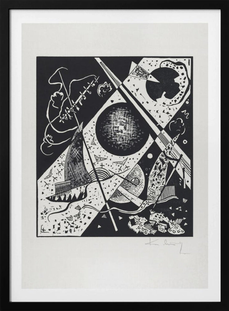 A framed black and white abstract woodcut print by Wassily Kandinsky. The dynamic composition features a mix of geometric shapes like circles and triangles, intersected by strong diagonal lines. Various textures and patterns fill the space, creating a sense of depth and movement. The artist's signature is visible in pencil on the white mat in the bottom right corner. Print