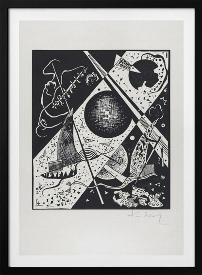A framed black and white abstract woodcut print by Wassily Kandinsky. The dynamic composition features a mix of geometric shapes like circles and triangles, intersected by strong diagonal lines. Various textures and patterns fill the space, creating a sense of depth and movement. The artist's signature is visible in pencil on the white mat in the bottom right corner. Print