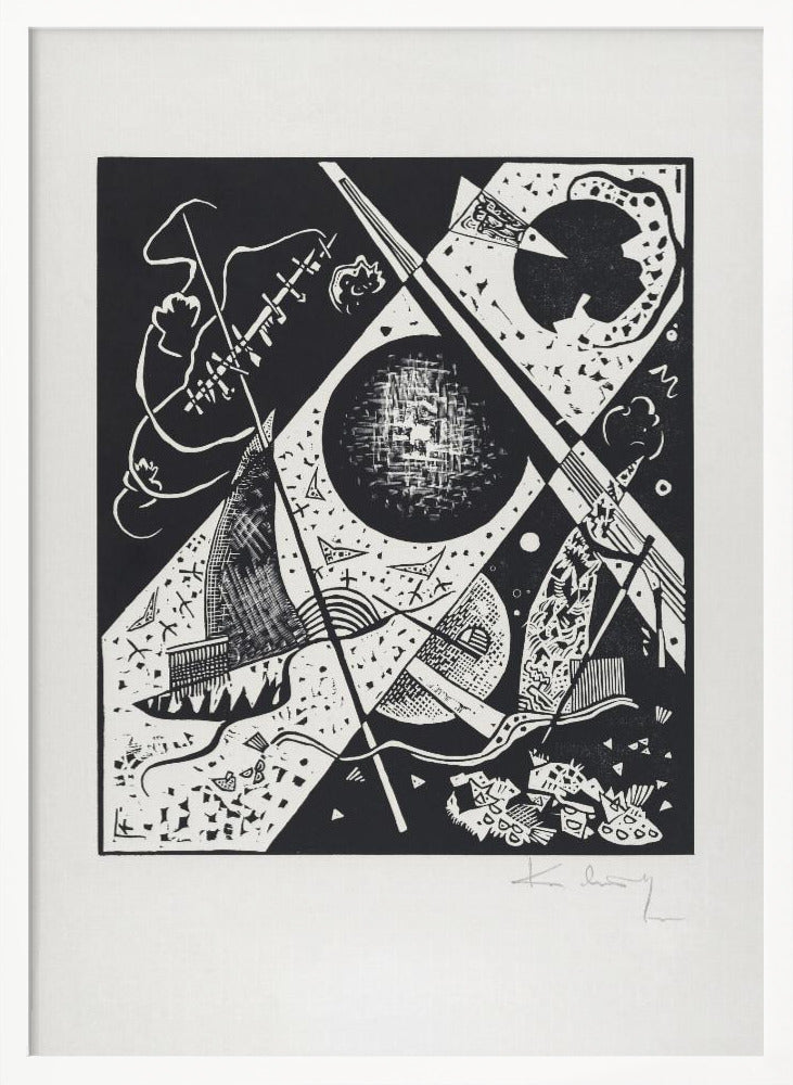 A framed black and white abstract woodcut print by Wassily Kandinsky. The dynamic composition features a mix of geometric shapes like circles and triangles, intersected by strong diagonal lines. Various textures and patterns fill the space, creating a sense of depth and movement. The artist's signature is visible in pencil on the white mat in the bottom right corner. Print
