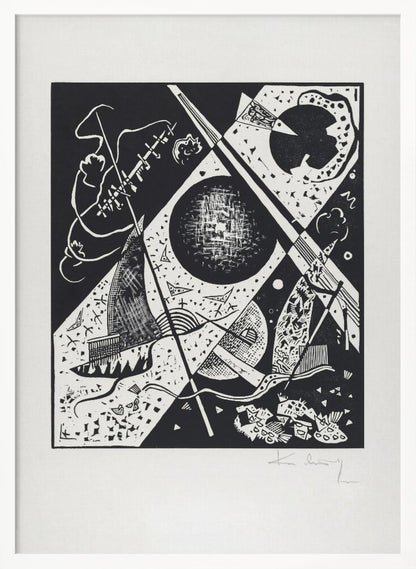 A framed black and white abstract woodcut print by Wassily Kandinsky. The dynamic composition features a mix of geometric shapes like circles and triangles, intersected by strong diagonal lines. Various textures and patterns fill the space, creating a sense of depth and movement. The artist's signature is visible in pencil on the white mat in the bottom right corner. Print