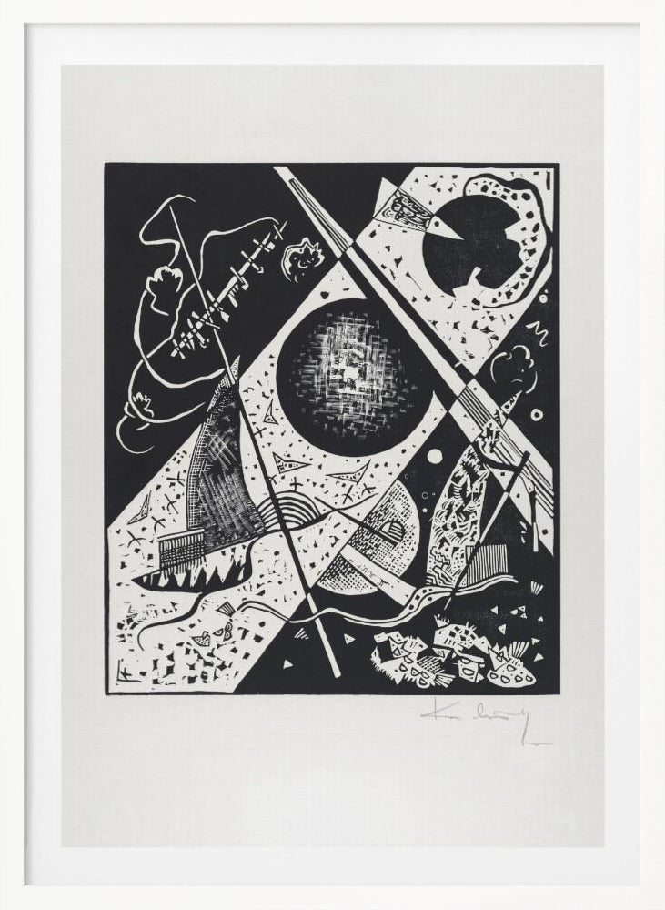 A framed black and white abstract woodcut print by Wassily Kandinsky. The dynamic composition features a mix of geometric shapes like circles and triangles, intersected by strong diagonal lines. Various textures and patterns fill the space, creating a sense of depth and movement. The artist's signature is visible in pencil on the white mat in the bottom right corner. Print