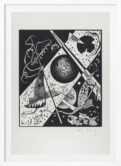 A framed black and white abstract woodcut print by Wassily Kandinsky. The dynamic composition features a mix of geometric shapes like circles and triangles, intersected by strong diagonal lines. Various textures and patterns fill the space, creating a sense of depth and movement. The artist's signature is visible in pencil on the white mat in the bottom right corner. Print