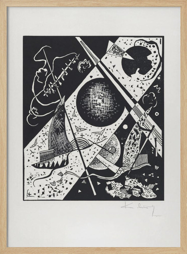 A framed black and white abstract woodcut print by Wassily Kandinsky. The dynamic composition features a mix of geometric shapes like circles and triangles, intersected by strong diagonal lines. Various textures and patterns fill the space, creating a sense of depth and movement. The artist's signature is visible in pencil on the white mat in the bottom right corner. Print