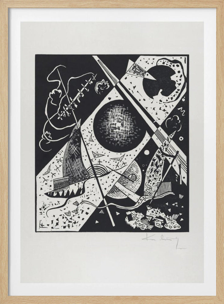 A framed black and white abstract woodcut print by Wassily Kandinsky. The dynamic composition features a mix of geometric shapes like circles and triangles, intersected by strong diagonal lines. Various textures and patterns fill the space, creating a sense of depth and movement. The artist's signature is visible in pencil on the white mat in the bottom right corner. Print