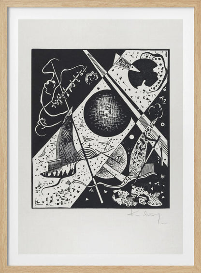 A framed black and white abstract woodcut print by Wassily Kandinsky. The dynamic composition features a mix of geometric shapes like circles and triangles, intersected by strong diagonal lines. Various textures and patterns fill the space, creating a sense of depth and movement. The artist's signature is visible in pencil on the white mat in the bottom right corner. Print