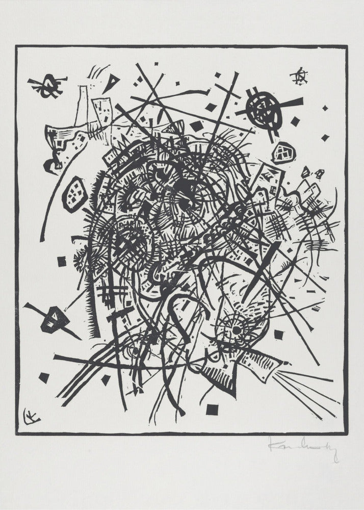 A framed black and white abstract artwork by Wassily Kandinsky. The piece is a chaotic and energetic composition of intersecting lines, geometric shapes, and scribbled textures, all densely packed into the center of the square frame. The artist's signature is visible in the lower right corner. Poster