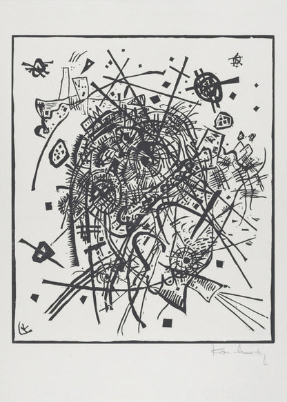 A framed black and white abstract artwork by Wassily Kandinsky. The piece is a chaotic and energetic composition of intersecting lines, geometric shapes, and scribbled textures, all densely packed into the center of the square frame. The artist's signature is visible in the lower right corner. Poster