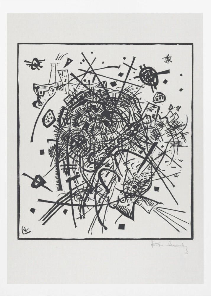 A framed black and white abstract artwork by Wassily Kandinsky. The piece is a chaotic and energetic composition of intersecting lines, geometric shapes, and scribbled textures, all densely packed into the center of the square frame. The artist's signature is visible in the lower right corner. Poster