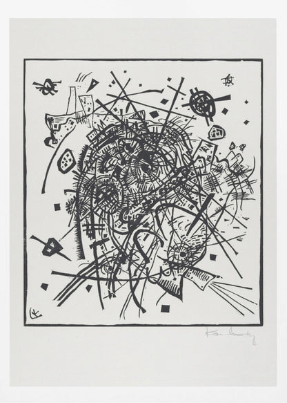 A framed black and white abstract artwork by Wassily Kandinsky. The piece is a chaotic and energetic composition of intersecting lines, geometric shapes, and scribbled textures, all densely packed into the center of the square frame. The artist's signature is visible in the lower right corner. Poster