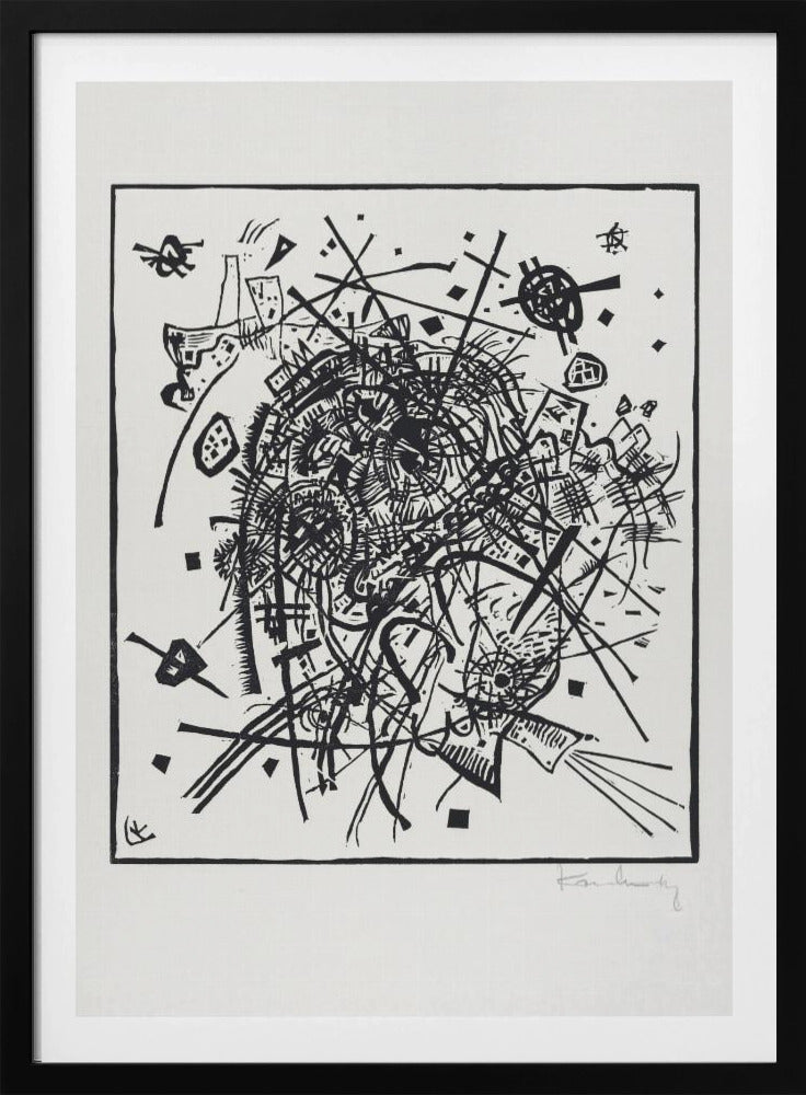 A framed black and white abstract artwork by Wassily Kandinsky. The piece is a chaotic and energetic composition of intersecting lines, geometric shapes, and scribbled textures, all densely packed into the center of the square frame. The artist's signature is visible in the lower right corner. Poster
