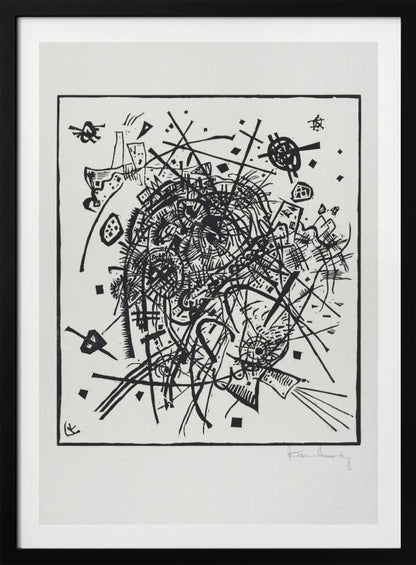 A framed black and white abstract artwork by Wassily Kandinsky. The piece is a chaotic and energetic composition of intersecting lines, geometric shapes, and scribbled textures, all densely packed into the center of the square frame. The artist's signature is visible in the lower right corner. Poster
