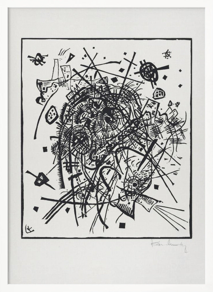 A framed black and white abstract artwork by Wassily Kandinsky. The piece is a chaotic and energetic composition of intersecting lines, geometric shapes, and scribbled textures, all densely packed into the center of the square frame. The artist's signature is visible in the lower right corner. Poster