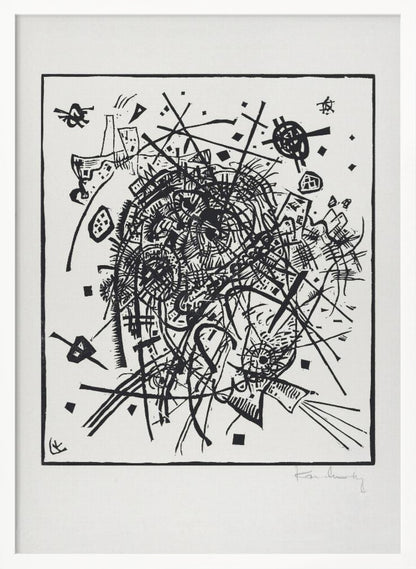 A framed black and white abstract artwork by Wassily Kandinsky. The piece is a chaotic and energetic composition of intersecting lines, geometric shapes, and scribbled textures, all densely packed into the center of the square frame. The artist's signature is visible in the lower right corner. Poster