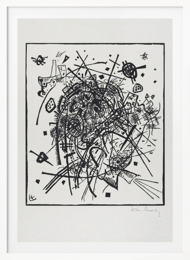 A framed black and white abstract artwork by Wassily Kandinsky. The piece is a chaotic and energetic composition of intersecting lines, geometric shapes, and scribbled textures, all densely packed into the center of the square frame. The artist's signature is visible in the lower right corner. Poster
