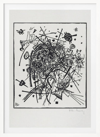 A framed black and white abstract artwork by Wassily Kandinsky. The piece is a chaotic and energetic composition of intersecting lines, geometric shapes, and scribbled textures, all densely packed into the center of the square frame. The artist's signature is visible in the lower right corner. Poster