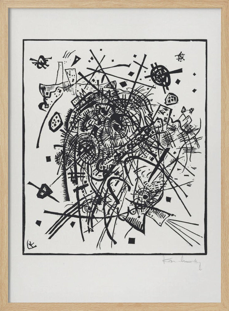 A framed black and white abstract artwork by Wassily Kandinsky. The piece is a chaotic and energetic composition of intersecting lines, geometric shapes, and scribbled textures, all densely packed into the center of the square frame. The artist's signature is visible in the lower right corner. Poster