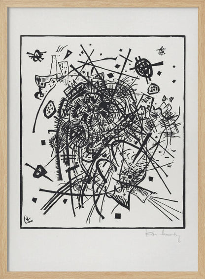 A framed black and white abstract artwork by Wassily Kandinsky. The piece is a chaotic and energetic composition of intersecting lines, geometric shapes, and scribbled textures, all densely packed into the center of the square frame. The artist's signature is visible in the lower right corner. Poster