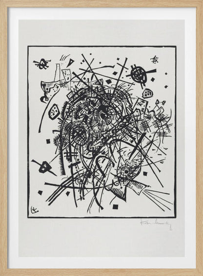 A framed black and white abstract artwork by Wassily Kandinsky. The piece is a chaotic and energetic composition of intersecting lines, geometric shapes, and scribbled textures, all densely packed into the center of the square frame. The artist's signature is visible in the lower right corner. Poster