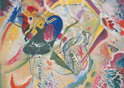 A vibrant and chaotic abstract painting by Wassily Kandinsky, presented in a silver frame. The artwork is a whirlwind of bold colors like yellow, blue, red, and green, with dynamic, intersecting black lines and a variety of shapes creating a sense of energetic movement. Print