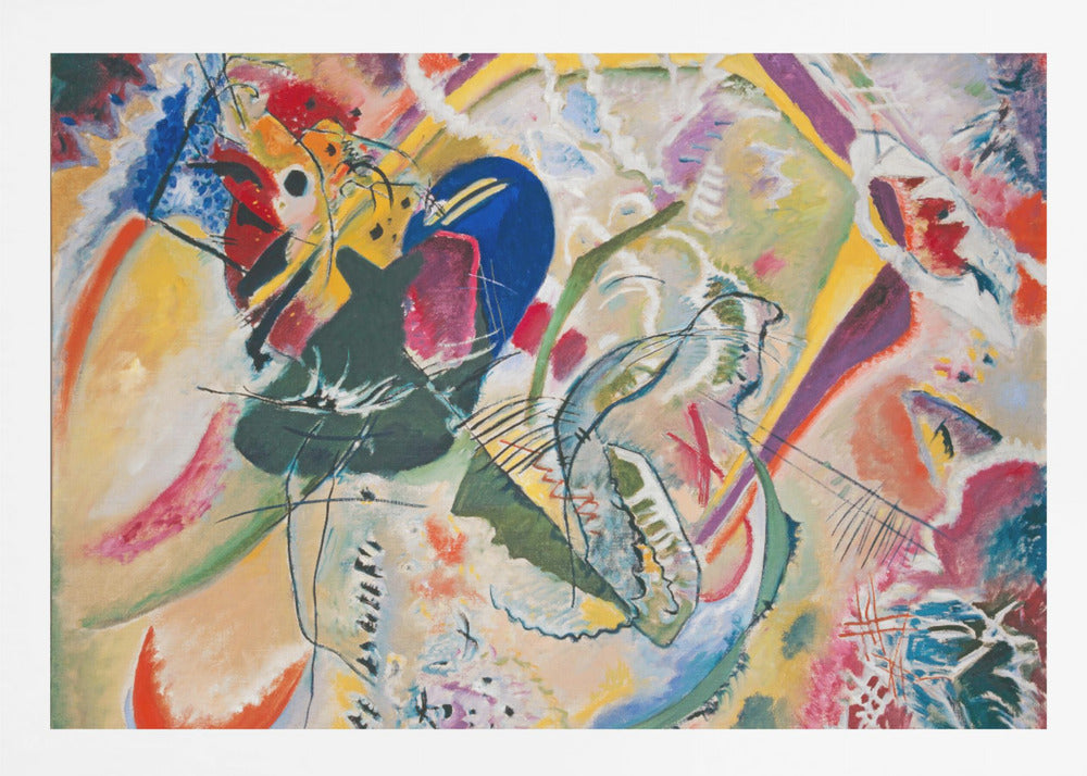 A vibrant and chaotic abstract painting by Wassily Kandinsky, presented in a silver frame. The artwork is a whirlwind of bold colors like yellow, blue, red, and green, with dynamic, intersecting black lines and a variety of shapes creating a sense of energetic movement. Print