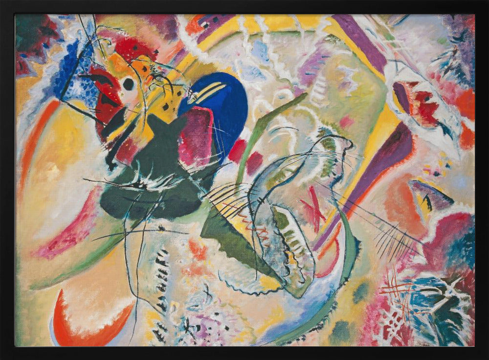 A vibrant and chaotic abstract painting by Wassily Kandinsky, presented in a silver frame. The artwork is a whirlwind of bold colors like yellow, blue, red, and green, with dynamic, intersecting black lines and a variety of shapes creating a sense of energetic movement. Print