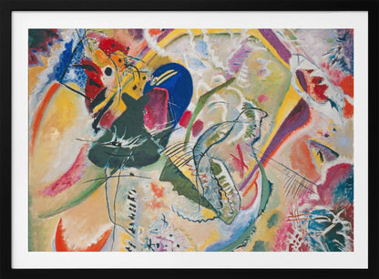 A vibrant and chaotic abstract painting by Wassily Kandinsky, presented in a silver frame. The artwork is a whirlwind of bold colors like yellow, blue, red, and green, with dynamic, intersecting black lines and a variety of shapes creating a sense of energetic movement. Print