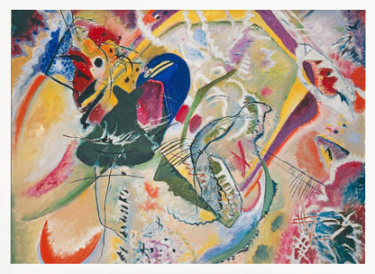 A vibrant and chaotic abstract painting by Wassily Kandinsky, presented in a silver frame. The artwork is a whirlwind of bold colors like yellow, blue, red, and green, with dynamic, intersecting black lines and a variety of shapes creating a sense of energetic movement. Print